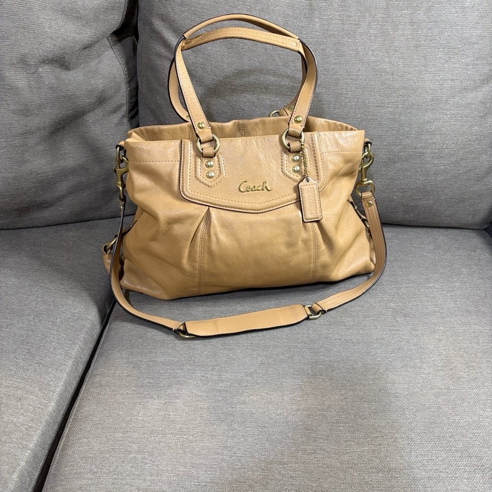 Coach Beige/Tan Leather Satchel Tote with Detachable Strap